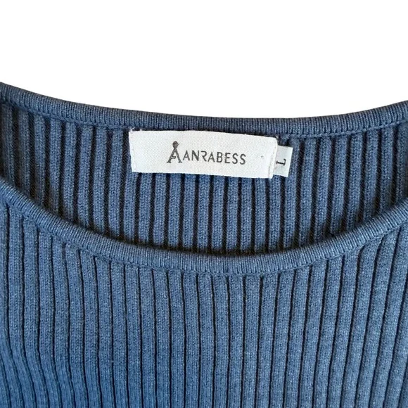 Anrabess Blue Ribbed Knit Tie Waist Midi Sweater Dress Long Sleeve Large - Picture 2 of 3